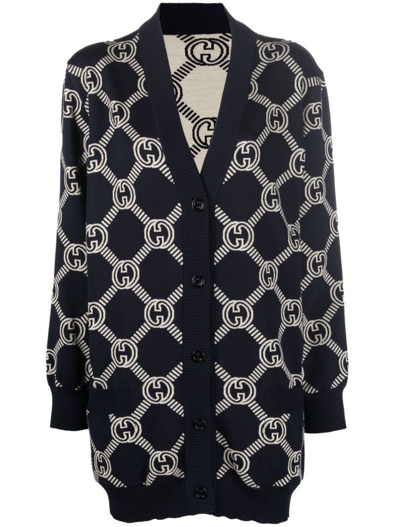 Blue Gg Reversible Wool Cardigan