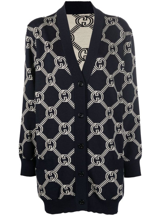 Blue Gg Reversible Wool Cardigan