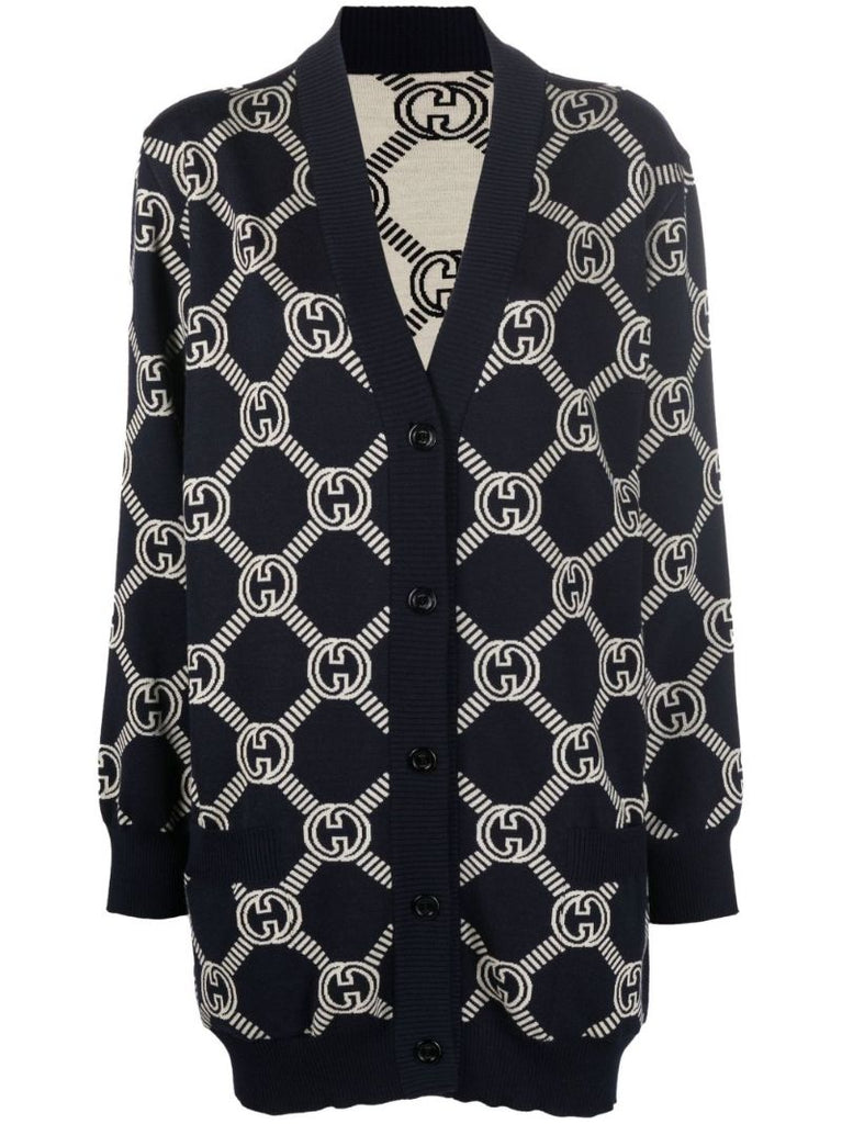 Blue Gg Reversible Wool Cardigan