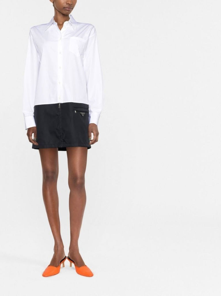 White and Black Panelled Cotton and Re-nylon Mini Dress