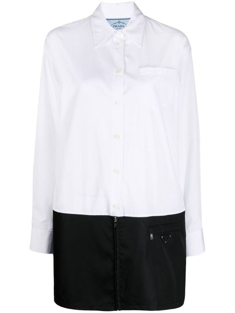 White and Black Panelled Cotton and Re-nylon Mini Dress