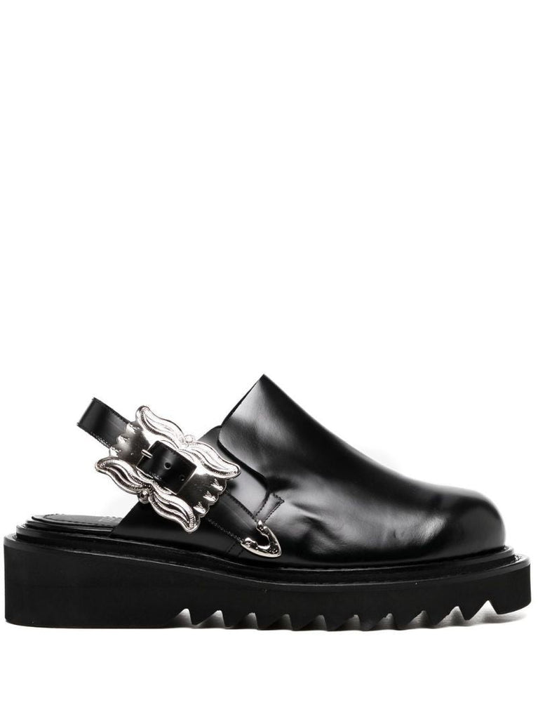 Black Buckled Slingback Leather Mules