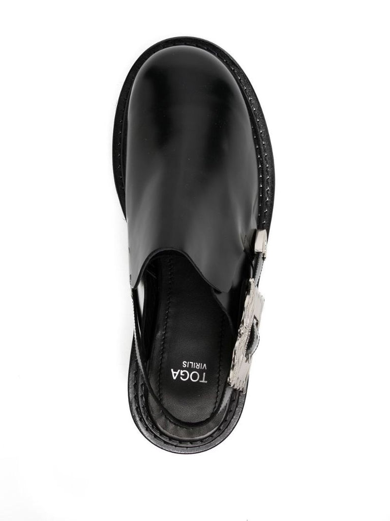 Black Buckled Slingback Leather Mules