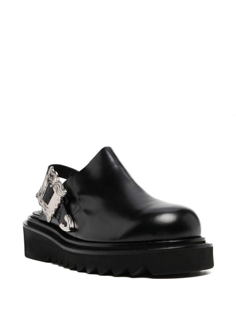 Black Buckled Slingback Leather Mules