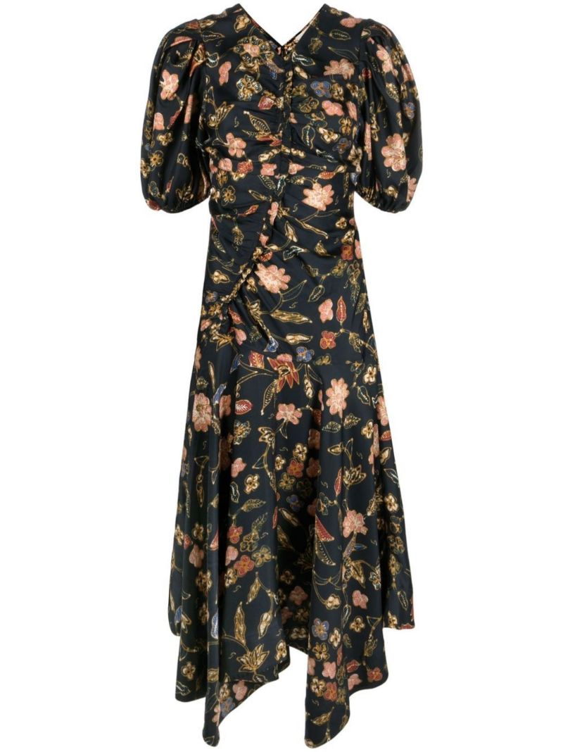 Blue Heleen Floral Print Silk Midi Dress