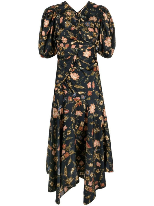 Blue Heleen Floral Print Silk Midi Dress