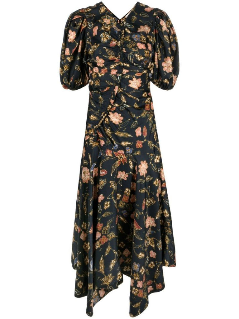 Blue Heleen Floral Print Silk Midi Dress