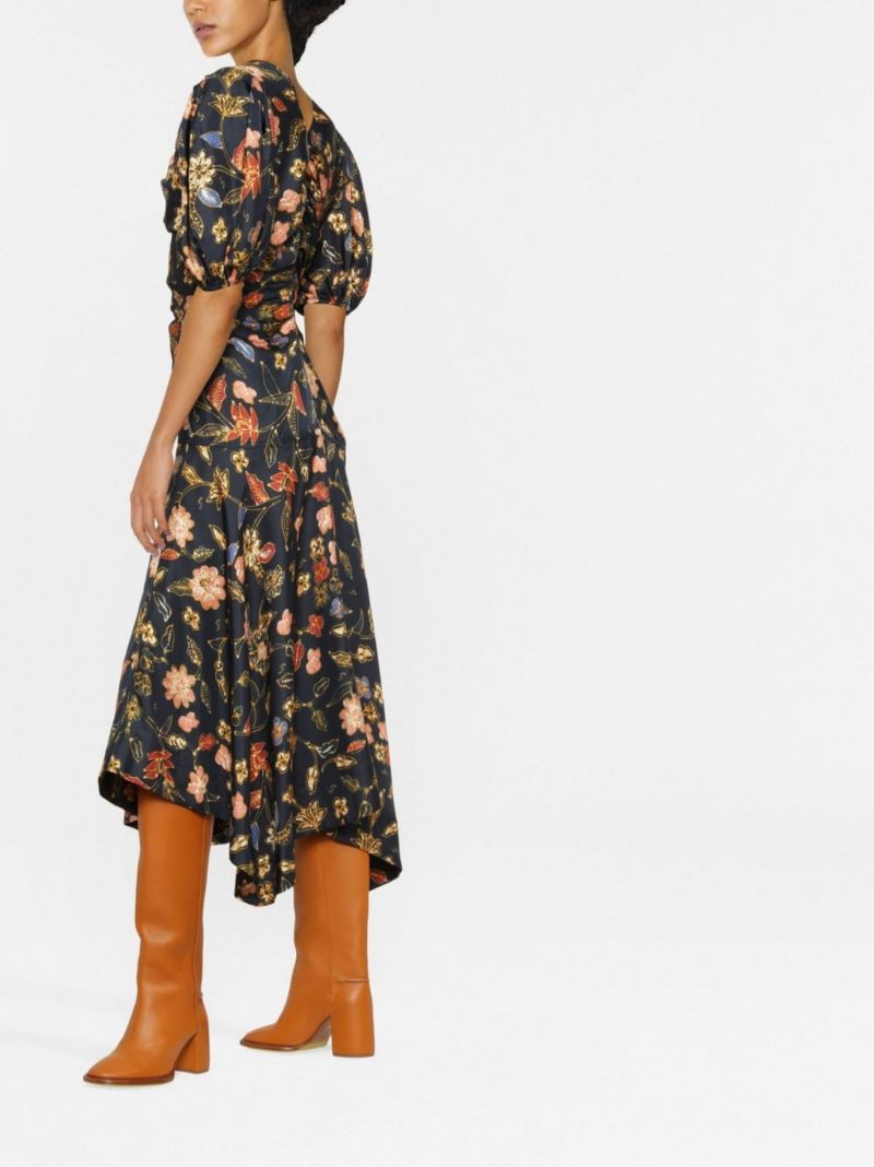 Blue Heleen Floral Print Silk Midi Dress