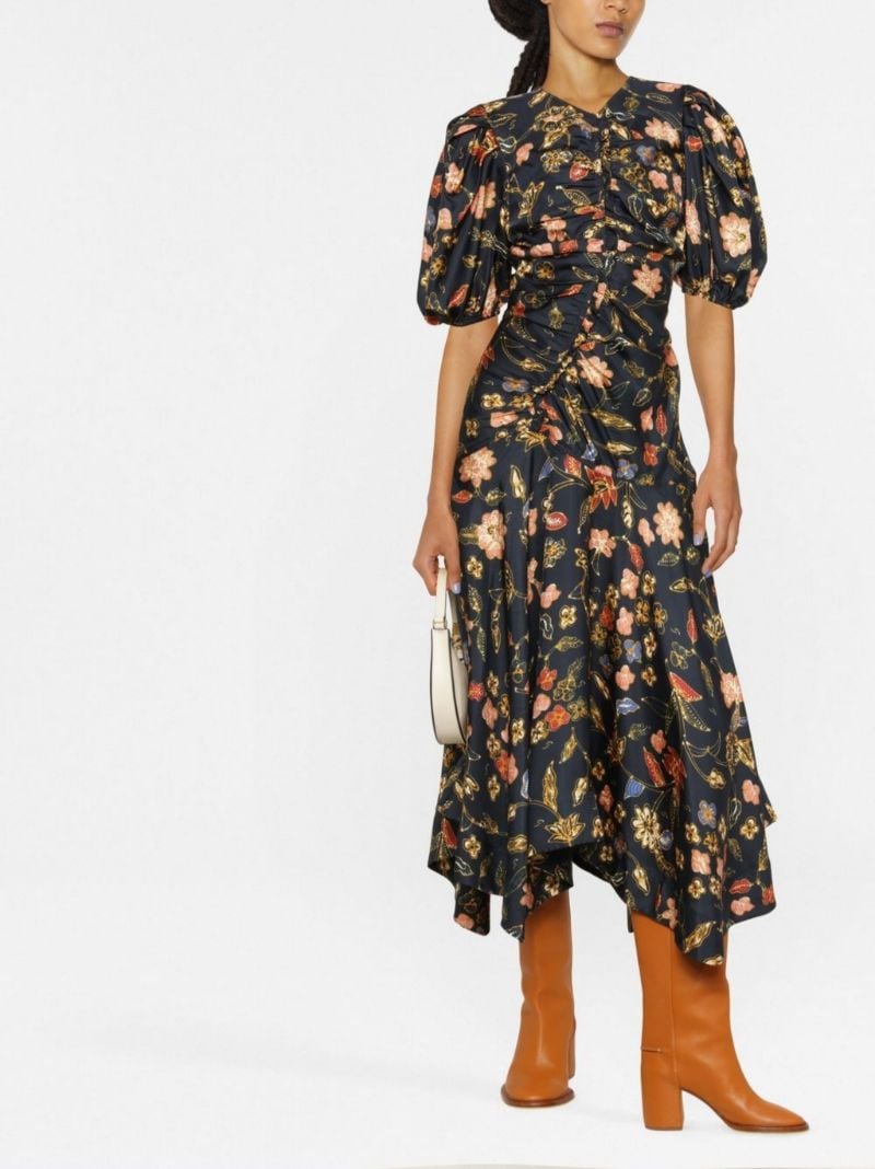 Blue Heleen Floral Print Silk Midi Dress