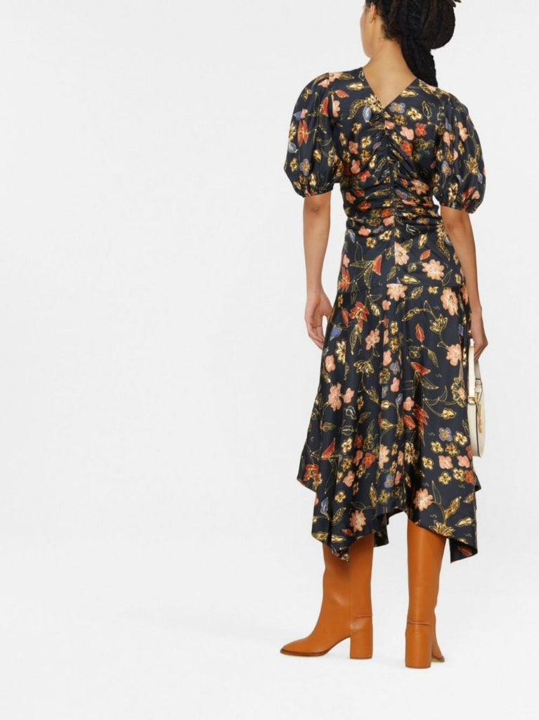 Blue Heleen Floral Print Silk Midi Dress