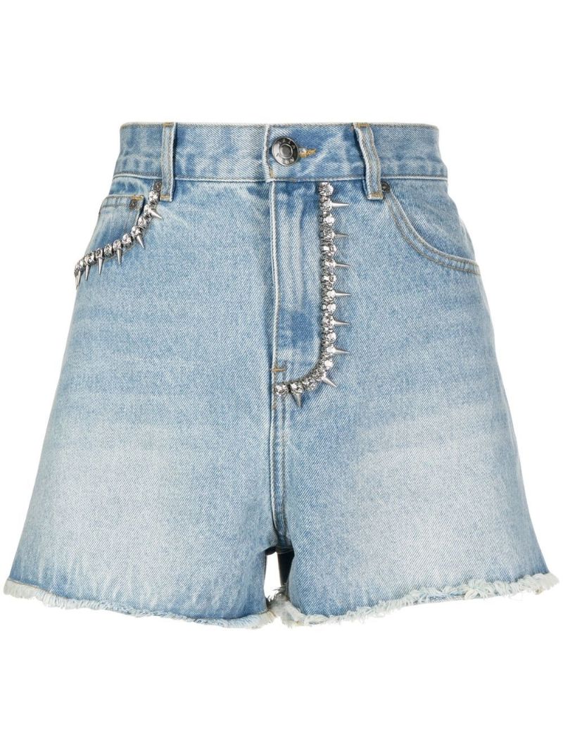 Blue Nameplate Embellished Cut-out Shorts