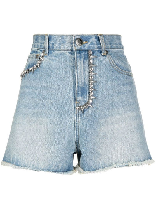 Blue Nameplate Embellished Cut-out Shorts