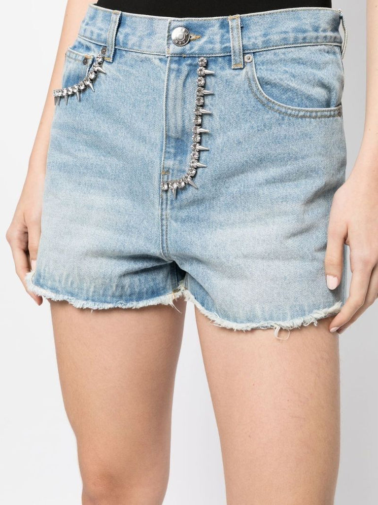 Blue Nameplate Embellished Cut-out Shorts