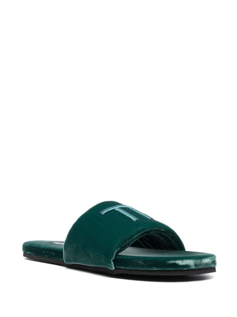 Green Harrison Logo Embroidered Velvet Slides