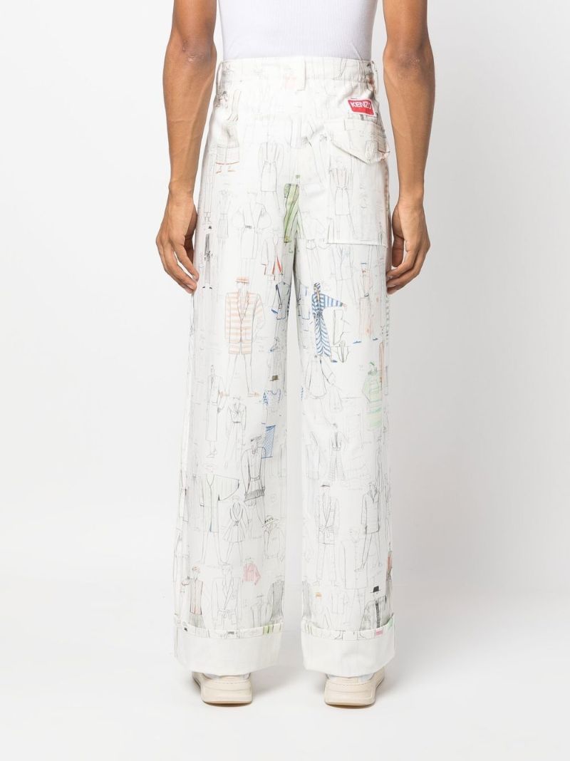 White Sketch Print Wide-leg Trousers