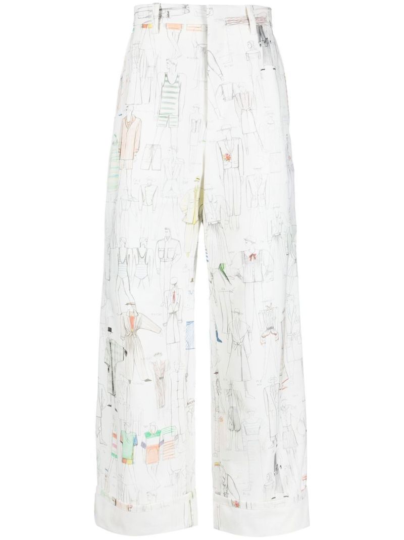 White Sketch Print Wide-leg Trousers