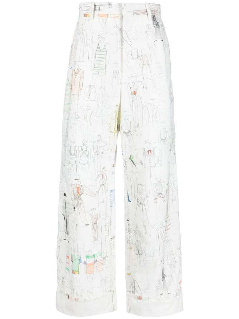 White Sketch Print Wide-leg Trousers