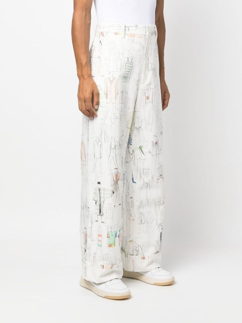 White Sketch Print Wide-leg Trousers