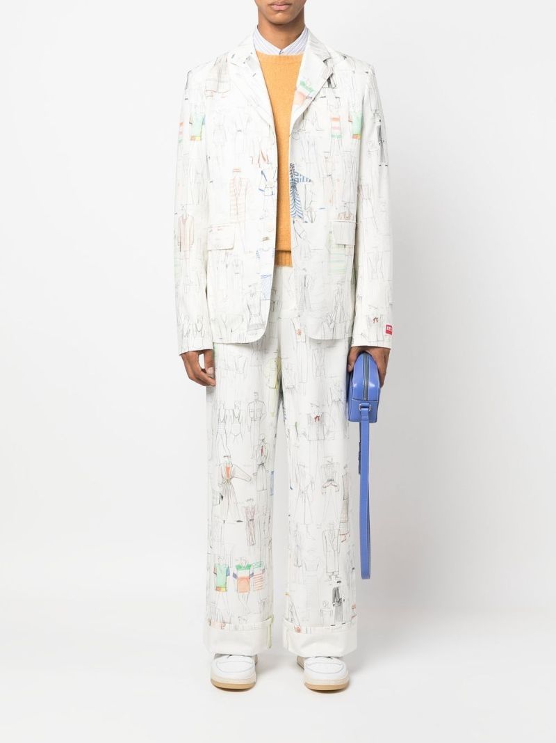 White Sketch Print Wide-leg Trousers