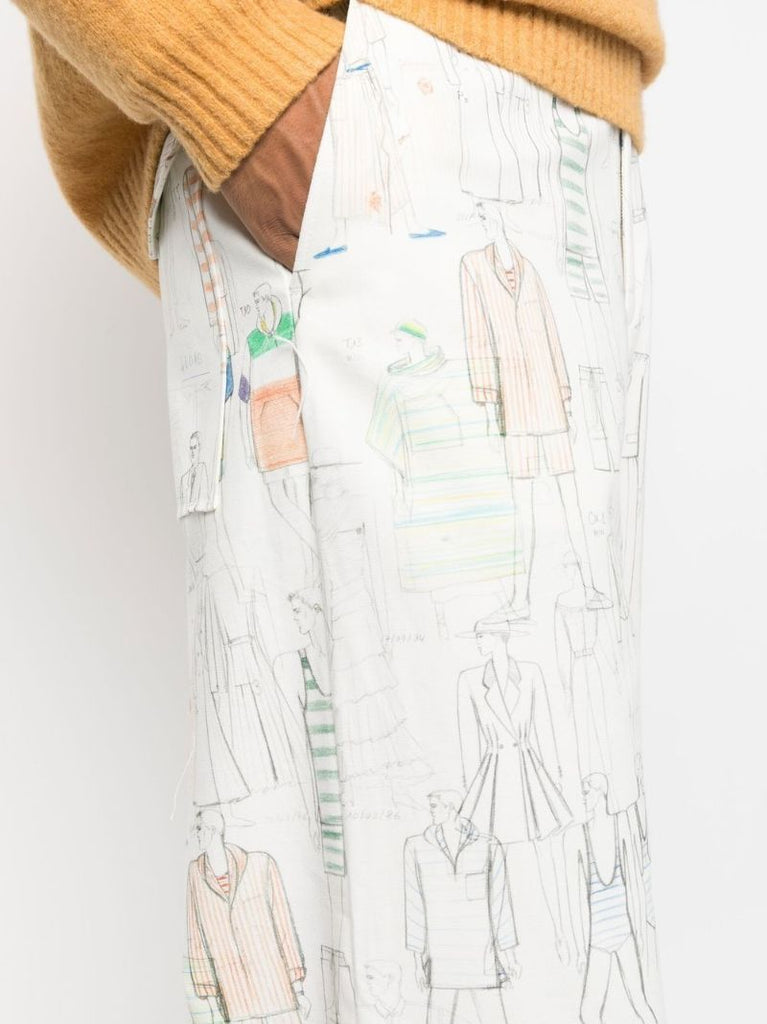 White Sketch Print Wide-leg Trousers