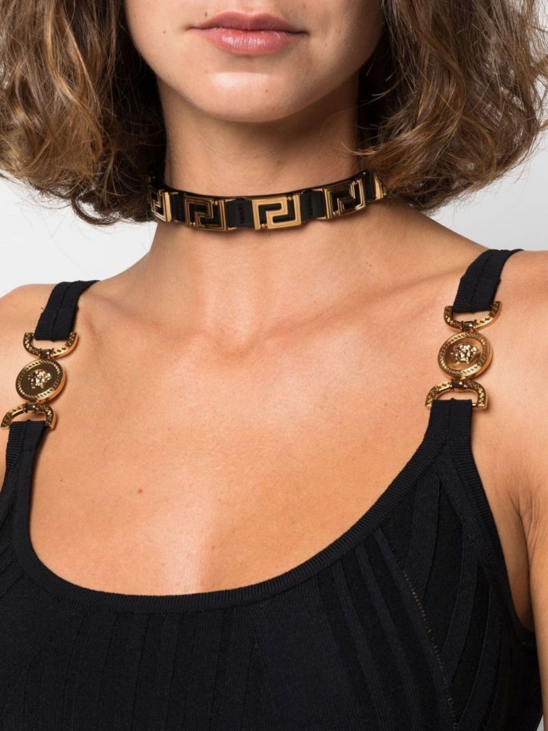 Black La Greca Leather Choker Necklace