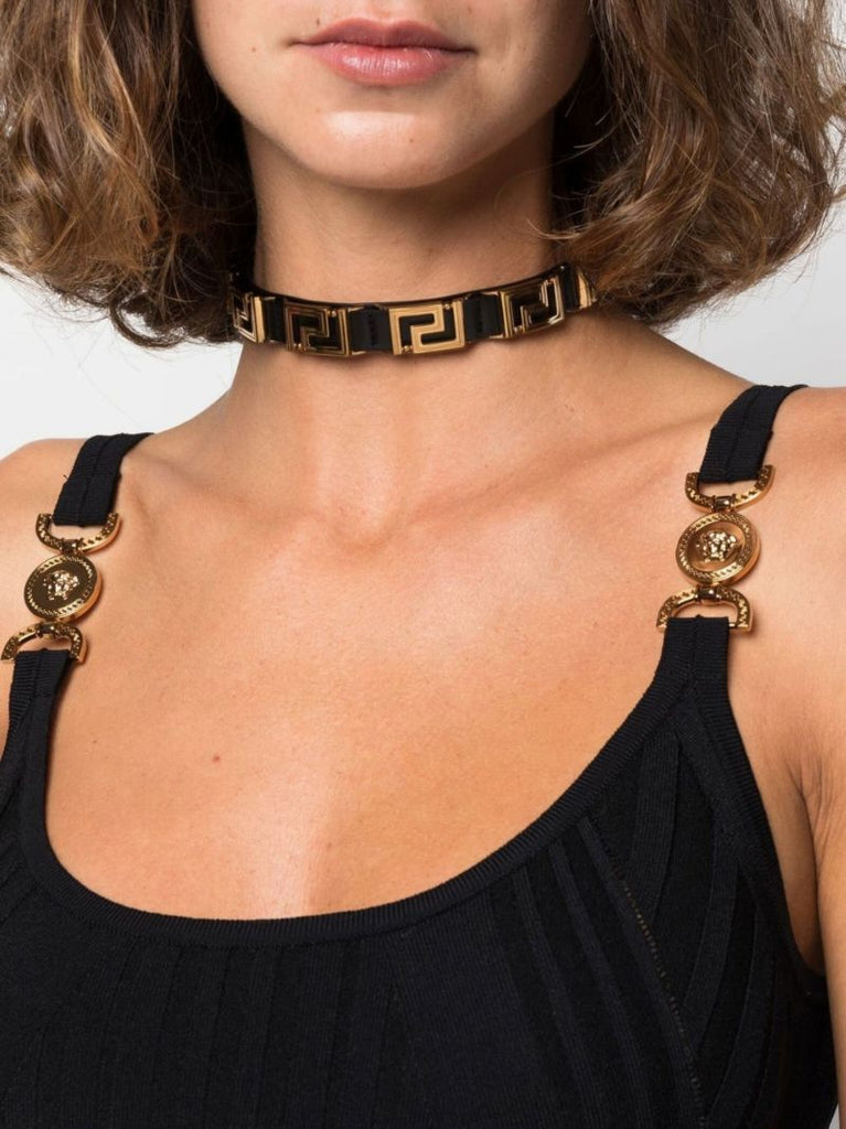 Black La Greca Leather Choker Necklace