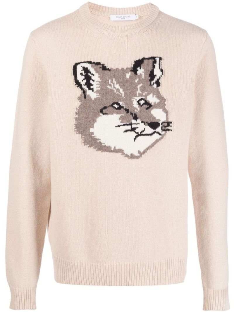 Neutral Fox Head Wool Sweater