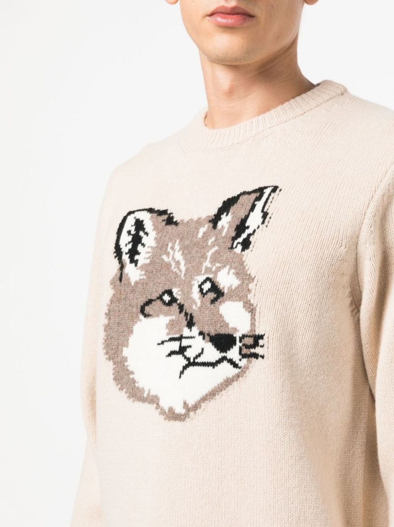 Neutral Fox Head Wool Sweater