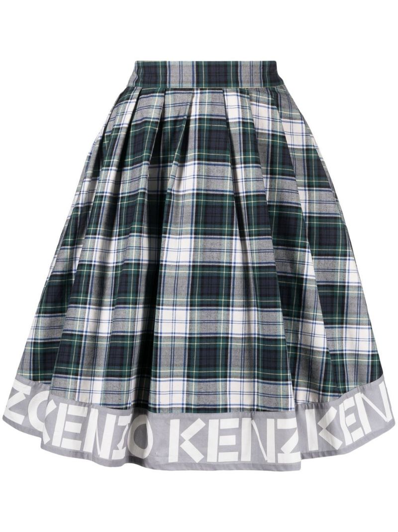 Green Logo Check Print Flared Skirt
