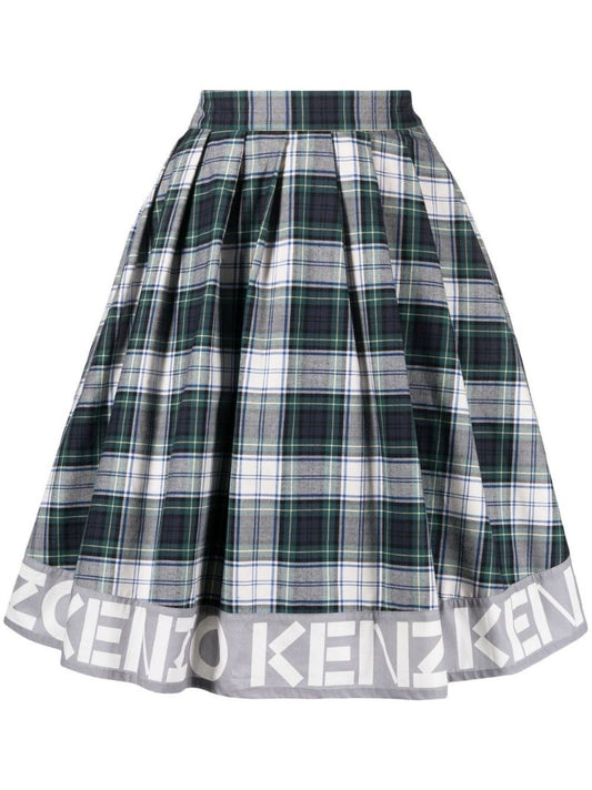 Green Logo Check Print Flared Skirt