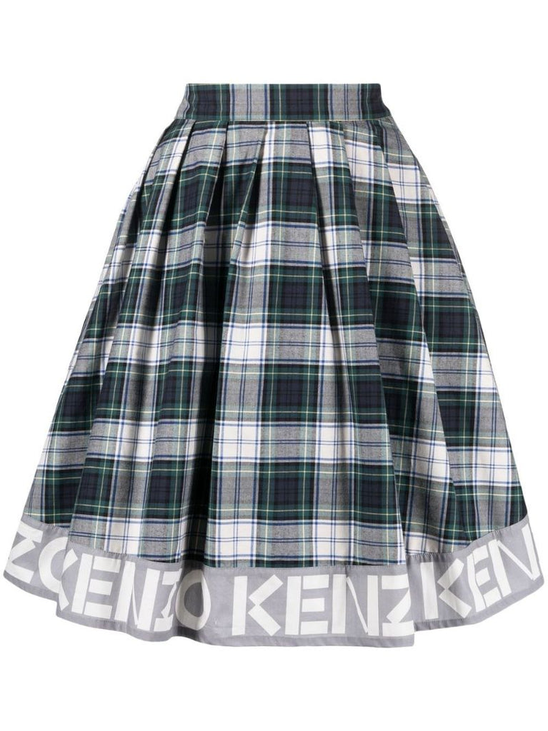 Green Logo Check Print Flared Skirt