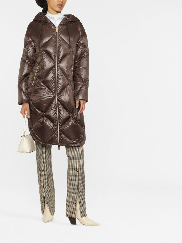 Brown Diamond-quilted Hooded Coat