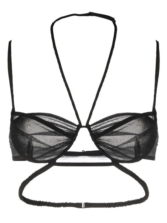 Black Sheer-panel Halterneck Bra