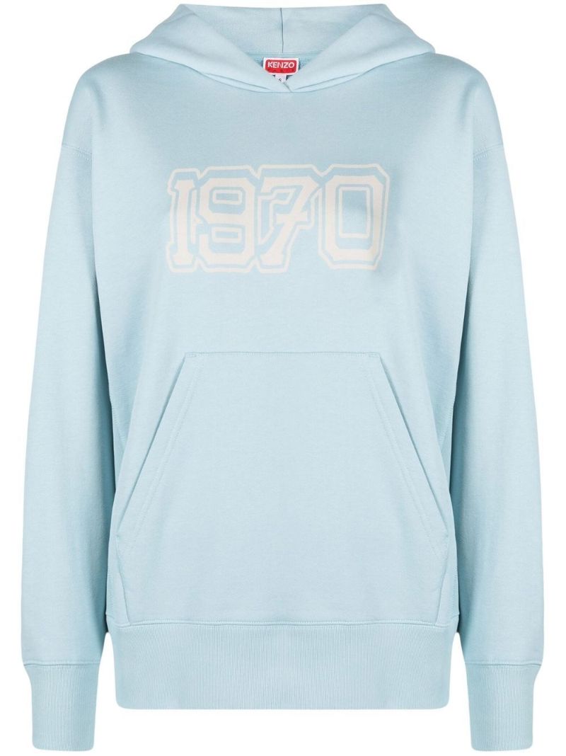 Blue Logo Print Cotton Hoodie