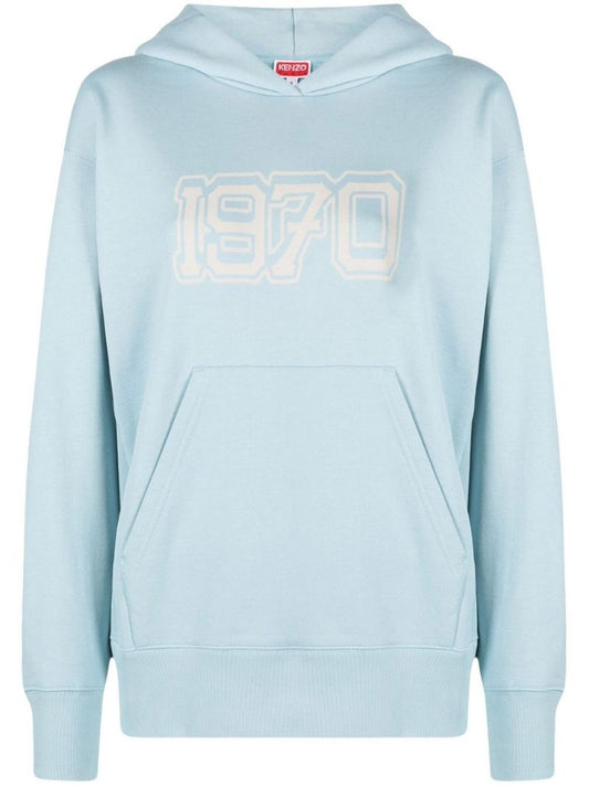 Blue Logo Print Cotton Hoodie