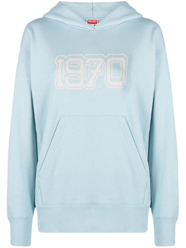 Blue Logo Print Cotton Hoodie