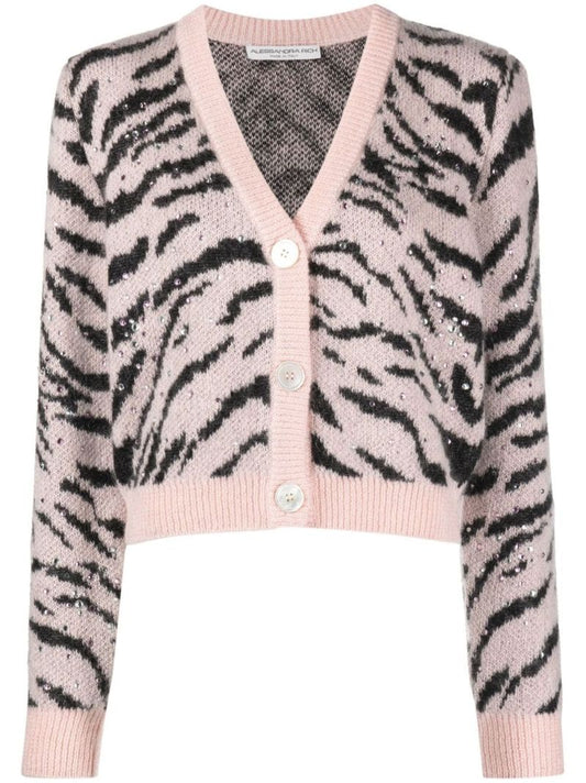Pink Zebra Intarsia Crystal Embellished Cardigan