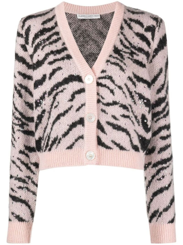 Pink Zebra Intarsia Crystal Embellished Cardigan
