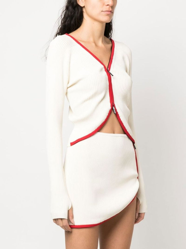 Beige Contrast Trim Zipped Cardigan