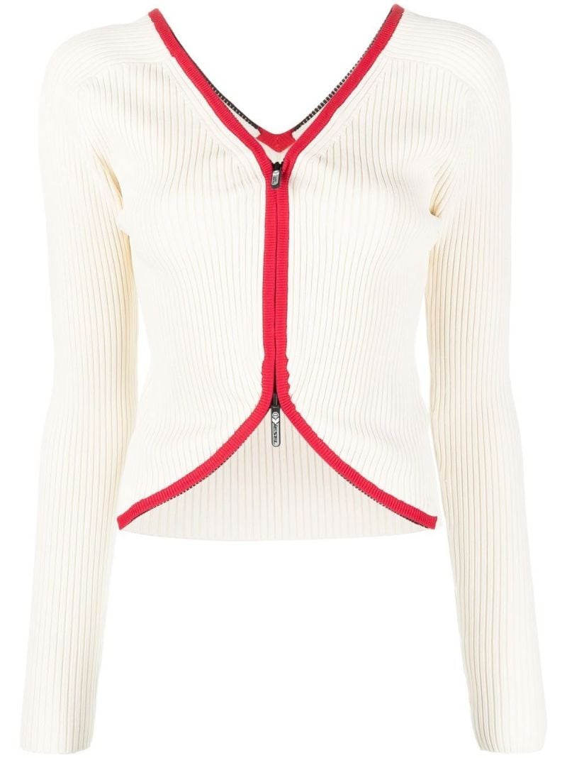 Beige Contrast Trim Zipped Cardigan