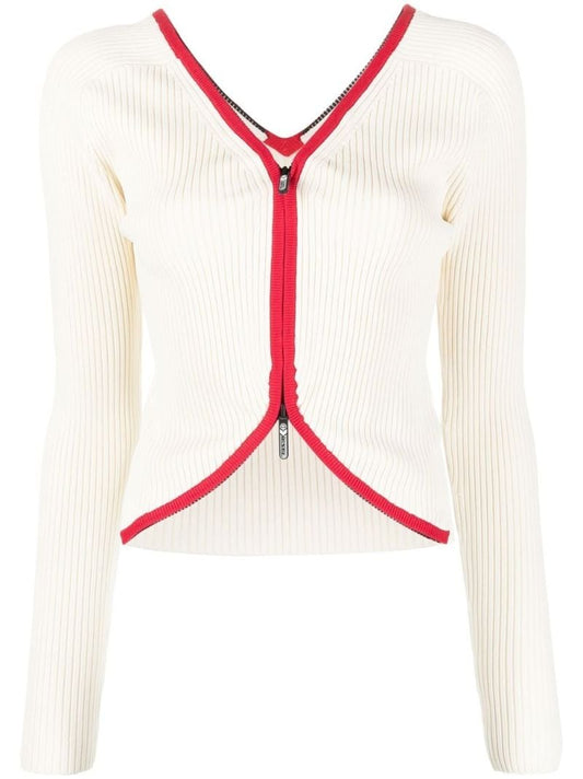 Beige Contrast Trim Zipped Cardigan