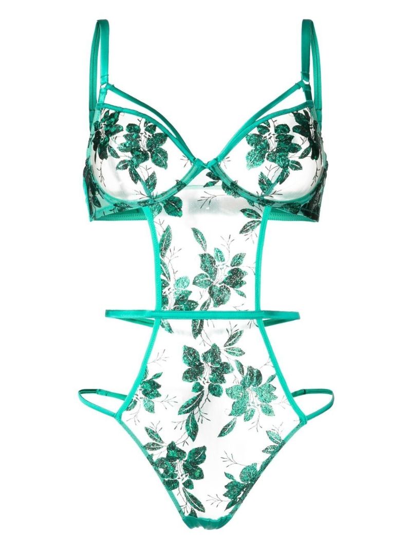 Green Floral Embroidered Bodysuit