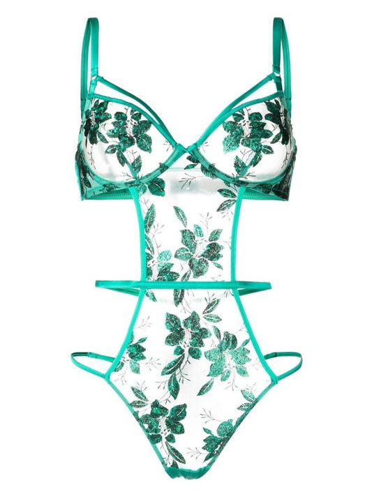 Green Floral Embroidered Bodysuit