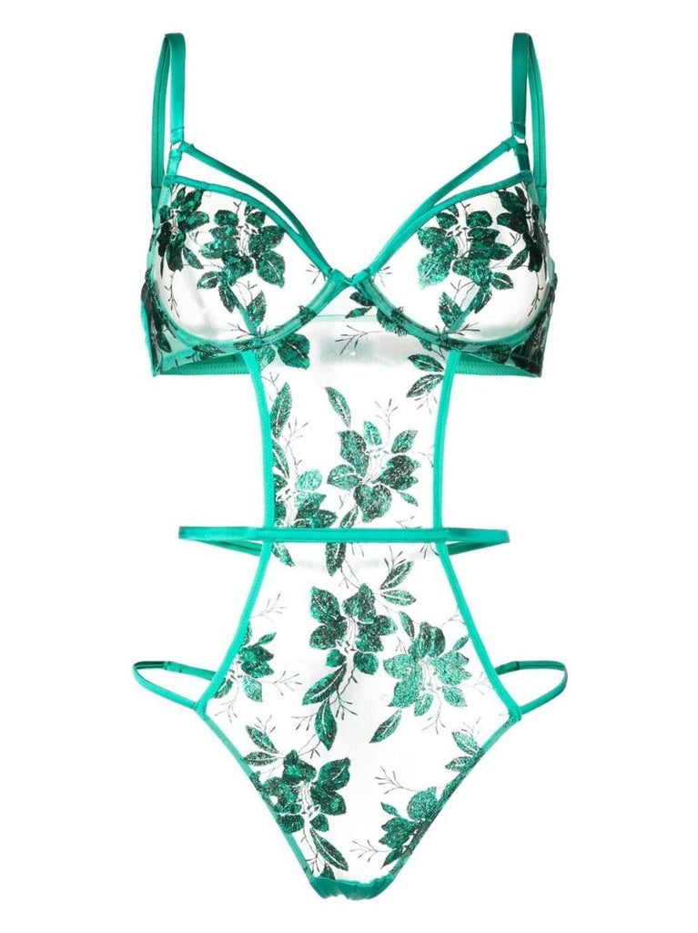 Green Floral Embroidered Bodysuit