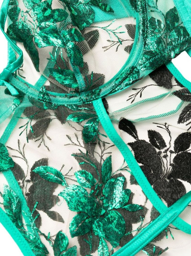 Green Floral Embroidered Bodysuit