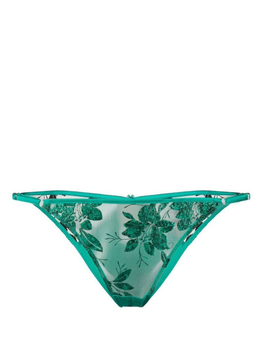 Green Floral-embroidered Thong