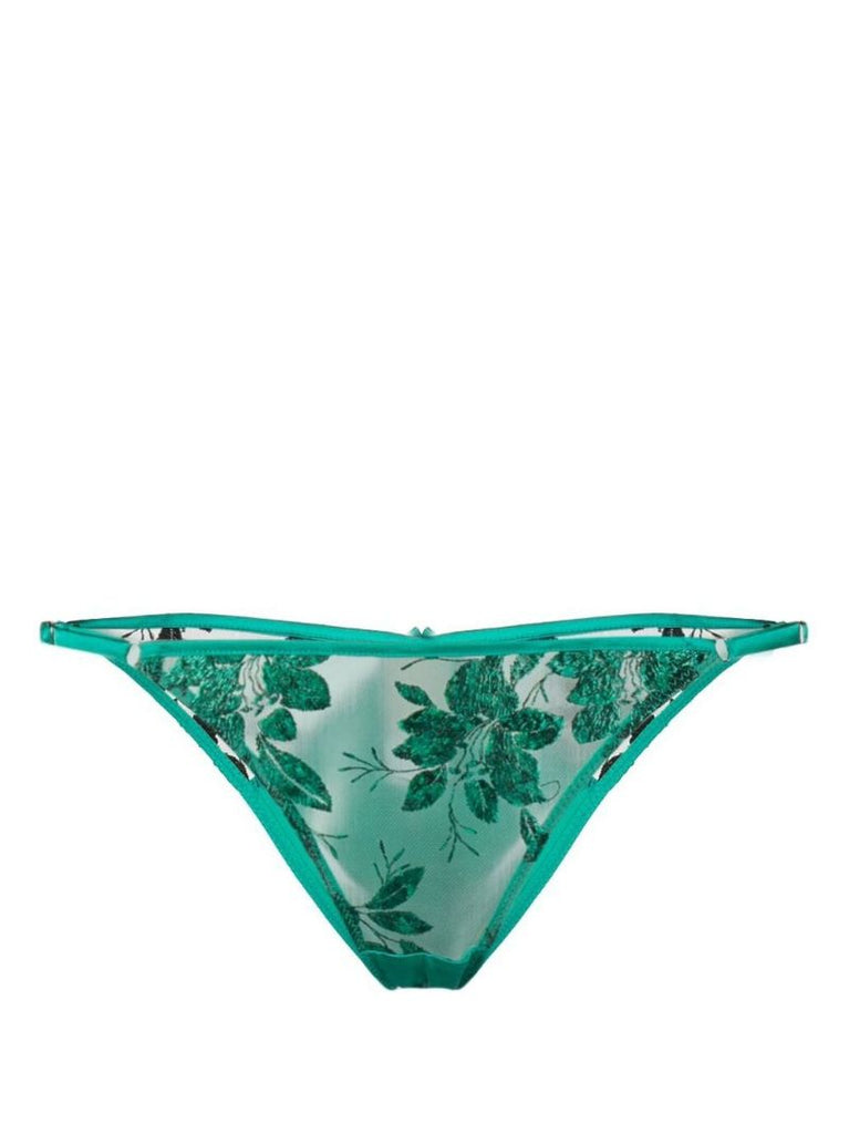 Green Floral-embroidered Thong