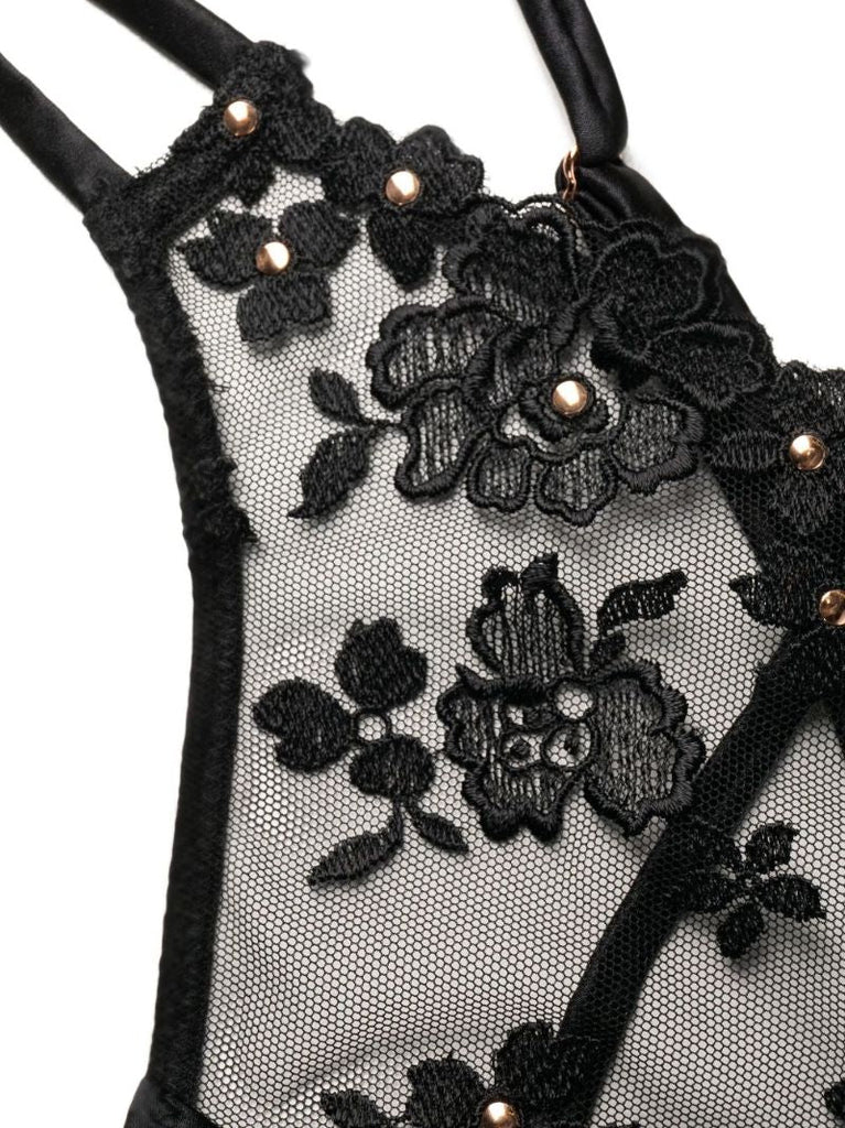 Black Studded Floral-embroidered Silk Thong
