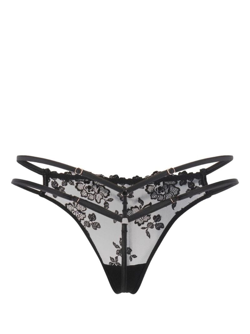 Black Studded Floral-embroidered Silk Thong