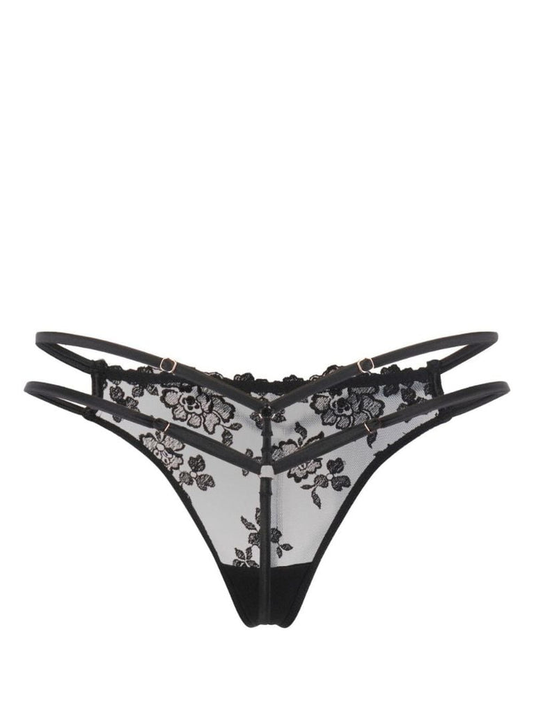 Black Studded Floral-embroidered Silk Thong